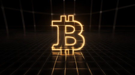 An illuminated Bitcoin symbol presented in a dark grid environment, showcasing the essence of modern cryptocurrency and digital finance innovation, signaling future economic potential.の素材