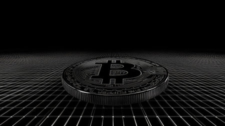 This striking image features a Bitcoin coin prominently displayed against a stark dark backdrop, showcasing the potential of cryptocurrency in modern finance and technology.の素材