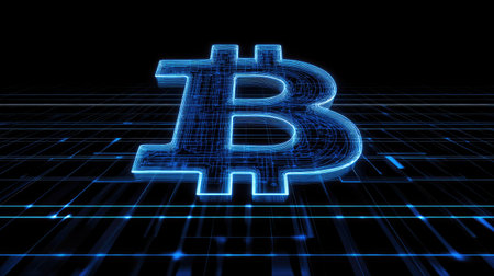 A vibrant Bitcoin symbol illuminated in blue, representing digital currency and blockchain technology in a sleek, abstract environment with grid lines and data connections.の素材