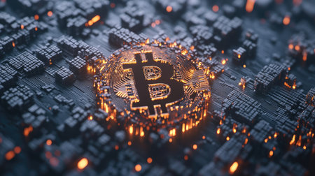 This digital illustration showcases the Bitcoin symbol amidst a glowing data matrix, representing the innovative world of cryptocurrency and its impact on modern finance.の素材