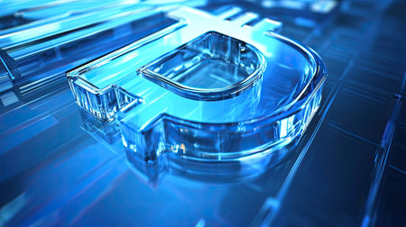 Intricate blue glass cryptocurrency symbol with stunning reflections and a modern design, set against a contemporary digital background illustrating the future of finance.の素材