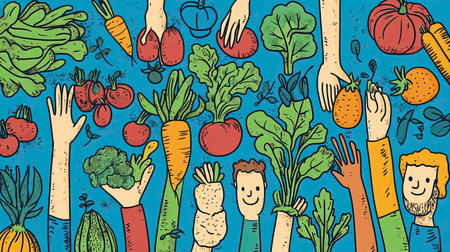This lively illustration features diverse hands holding an array of fresh vegetables, symbolizing happiness and community engagement in healthy living and sustainable practices.の素材