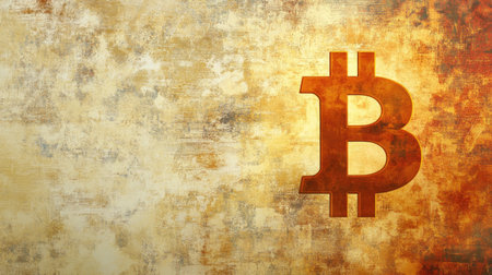 This abstract image showcases a Bitcoin symbol against a textured background, combining golden and rusty hues, ideal for financial and cryptocurrency themes.の素材