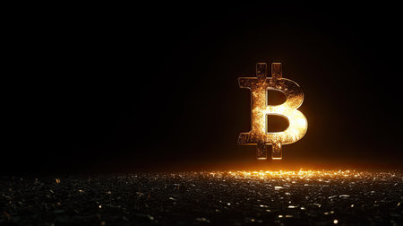 This stunning image features a glowing Bitcoin symbol against a dark background, representing the rise of digital currencies and their impact on the financial landscape.の素材