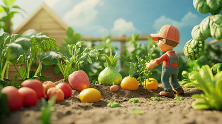 A cheerful cartoon gardener plants fresh vegetables in a colorful garden while enjoying the atmosphere of nature and nurturing growth in a sunny setting.の素材