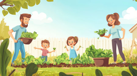 A cheerful family enjoys a beautiful day in their garden, planting and harvesting fresh greens together, creating lasting memories while nurturing natureの素材