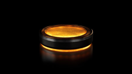 A striking round object features a glossy surface that glows softly with orange light, creating a captivating focal point against a dark background perfect for modern design.の素材