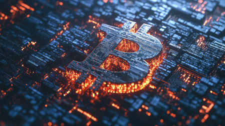 This captivating image showcases the Bitcoin symbol glowing against a intricate digital background, symbolizing the future of currency and innovation in finance.の素材