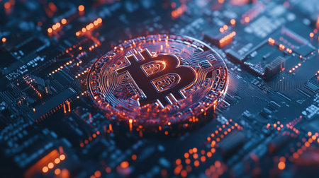 A vibrant close-up image featuring the Bitcoin symbol on an illuminated circuit board, symbolizing the intersection of cryptocurrency and advanced technology in the digital finance landscape.の素材