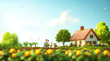 This delightful scene showcases a family enjoying time together in a lush garden, surrounded by vibrant flowers, trees, and playful animals under a clear blue sky.の素材