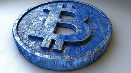 This image presents a blue Bitcoin coin with a detailed texture, emphasizing the significance of cryptocurrency in contemporary financial markets and digital transactions.の素材