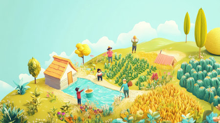 This colorful 3D farm illustration showcases vibrant farm activities, featuring characters planting and watering crops, all set in a serene, idyllic landscape.の素材