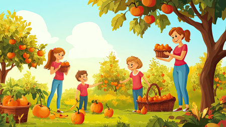 A joyful family enjoying a sunny day in an orchard, harvesting ripe fruits. Children interact while gathering citrus in a picturesque green landscape full of life.の素材
