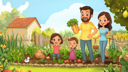 A joyful family enjoys a vibrant garden filled with fresh vegetables and colorful flowers, embodying the joy of gardening and togetherness in a sunny, cheerful setting.の素材