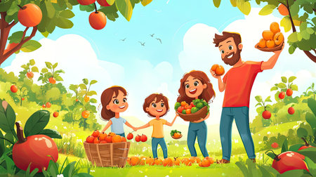 A vibrant scene depicting a happy family collecting fresh fruits in a sunny orchard, highlighting the joy of nature, community, and outdoor activities with loved ones.の素材