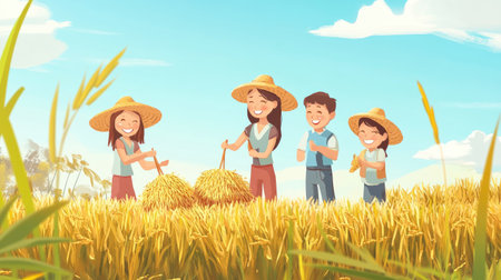 This vibrant animated illustration depicts a joyful harvesting scene with children in a rice field, highlighting teamwork, friendship, and the beauty of nature's bounty.の素材