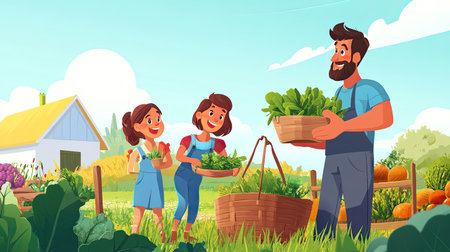 A vibrant illustration of a family joyfully harvesting vegetables together in a sunny garden, emphasizing teamwork, healthy living, and a connection to nature.の素材