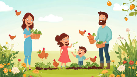 A vibrant illustration of a family gardening together, showcasing the joy of outdoor activities and the beauty of nature with flowers and playful chickens around.の素材