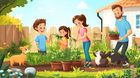 A cheerful family engages in gardening, planting vegetables and flowers together, surrounded by happy pets, emphasizing bonding, fun, and love for nature in a sunny backyard.の素材