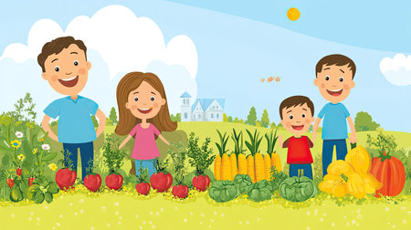 A cheerful family stands in a vibrant vegetable garden filled with fresh produce. Children joyfully explore nature, showcasing the beauty of outdoor life and the importance of agriculture.の素材