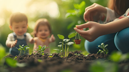 Experience the joy of family gardening as children learn to nurture plants while connecting with nature in a vibrant outdoor setting filled with greenery.の素材