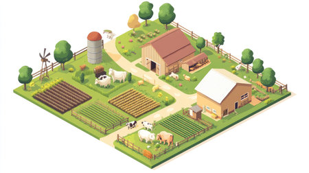 Colorful isometric representation of a farm featuring a barn, silo, various livestock, and cultivated fields, ideal for portraying rural life and agricultural activities.の素材