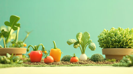 A vibrant assortment of fresh vegetables displayed in pots on a natural surface, symbolizing gardening, healthy eating, and the joy of cultivating nutritious foods.の素材