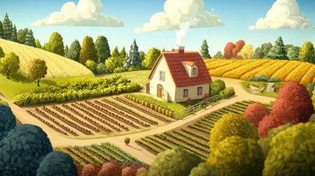 Explore a picturesque countryside scene featuring a charming cottage amidst vibrant fields, lush gardens, and clear blue skies, promoting tranquility and rural beauty.の素材