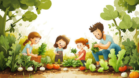 This vibrant illustration depicts children and adults happily working together in a lush vegetable garden, planting and harvesting fresh produce under a bright sky.の素材