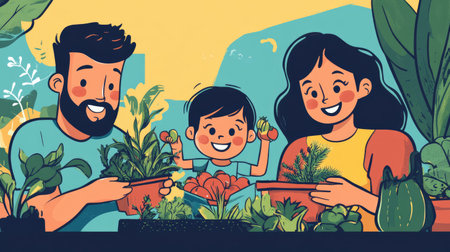 A vibrant and colorful illustration of a cheerful family gardening together, showcasing a child joyfully holding vegetables while parents plant and nurture their green space.の素材