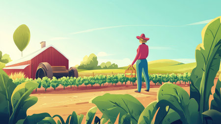 This vibrant illustration depicts a farmer in a colorful landscape, featuring a red barn and lush vineyards. The serene atmosphere captures the essence of rural life and agriculture.の素材