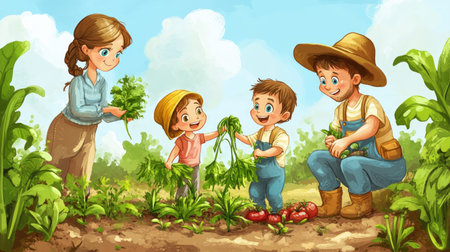 A vibrant illustration of a family bonding over gardening, showcasing children planting vegetables in a sunny outdoor setting, highlighting joy and teamwork in nature.の素材