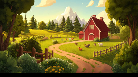 Vibrant farm scene showcasing a charming red barn, diverse animals, and expansive greenery. A picturesque setting with mountains, a clear sky, and warm sunlight emphasizes tranquility and nature's beauty.の素材