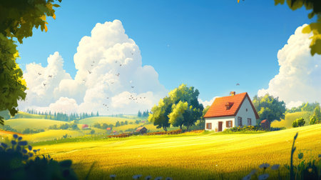 A picturesque countryside scene featuring a quaint house surrounded by rolling fields under a clear blue sky. Perfect for showcasing rural beauty and outdoor tranquility.の素材