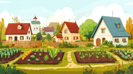 A picturesque rural scene featuring colorful homes and lush gardens filled with vibrant vegetables, showcasing the beauty of nature and tranquil living. Perfect for illustrating countryside lifestyles.の素材