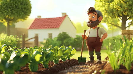 A whimsical cartoon farmer stands happily in a colorful vegetable garden, tending to his crops under a bright sun, embodying the joy of rural life and agriculture.の素材