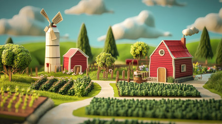 Beautiful 3D artwork depicting a lively farm landscape with red barns, a windmill, and vibrant fields under playful clouds, capturing the essence of rural life.の素材