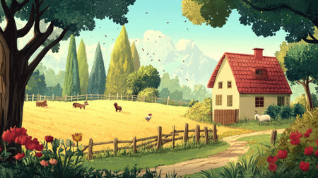 This beautiful illustration showcases a serene countryside scene with a charming house, lush greenery, and livestock grazing under a clear blue sky, perfect for nature-themed projects.の素材
