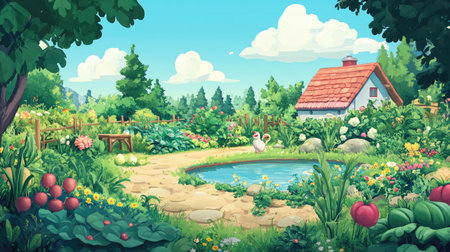 Discover a charming countryside landscape featuring a serene pond, vibrant flowers, and a quaint cottage, creating a peaceful and idyllic rural escape.の素材