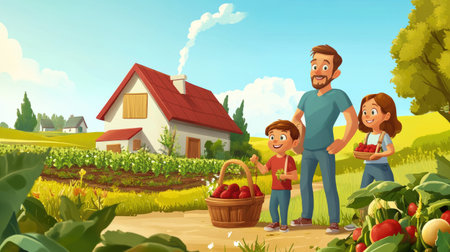 A joyful family enjoys gathering fresh strawberries on a beautiful farm, surrounded by vibrant fields and a cozy cottage, highlighting the joy of outdoor activities together.の素材