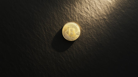 A detailed close-up of a gold Bitcoin placed on a dark textured surface, illuminated by soft natural light, highlighting the intricate designs of this digital currency symbolizing modern finance.の素材