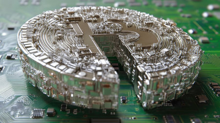 This image captures a detailed Bitcoin symbol crafted from metallic elements, set against a vibrant circuit board background, symbolizing the merging of technology and finance.の素材