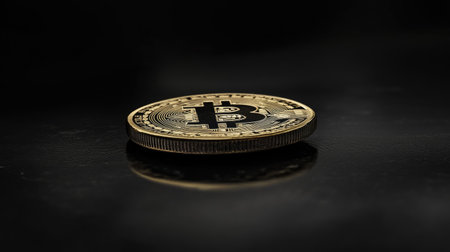 This image features a shiny Bitcoin coin resting on a black surface, highlighting its modern design and reflective qualities, symbolizing the future of digital finance and investment.の素材