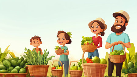 A lively family scene in a vegetable garden, showcasing joyful moments as they gather fresh produce, embodying togetherness and the beauty of nature.の素材