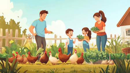 A heartwarming scene of a family engaging in gardening together, featuring children learning about nature, surrounded by vibrant vegetables and friendly chickens.の素材