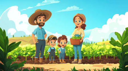 This vibrant illustration captures a joyful family working on their farm, showcasing teamwork in harvesting fresh vegetables amidst a scenic landscape and sunny weather.の素材