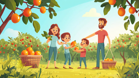 A joyful family spends quality time in an orchard, picking fresh fruits under a clear blue sky, surrounded by lush greenery and vibrant trees. Ideal for themes of togetherness and outdoor activities.の素材