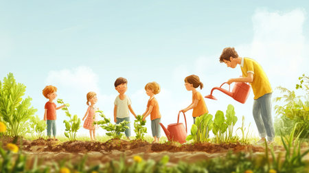 A vibrant scene depicting children learning how to garden under the guidance of adults, showcasing teamwork, education, and love for nature in a sunny outdoor setting.の素材