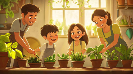 A happy family engages in gardening indoors, nurturing plants together with smiles and laughter, creating a warm and inviting atmosphere filled with joy and creativity.の素材