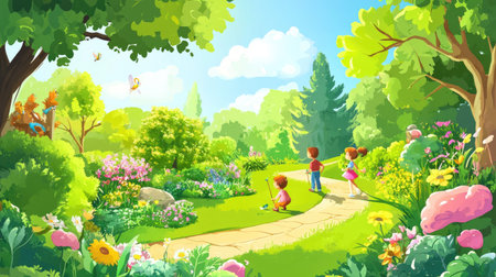 A delightful scene depicting children engaging with nature in a vibrant garden filled with colorful flowers, trees, and sunny skies, emphasizing exploration and joy.の素材